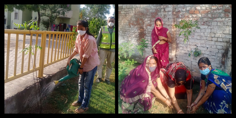 Women and kids in the Adarsh Colony, Hisar planting trees - Jindal Stainless