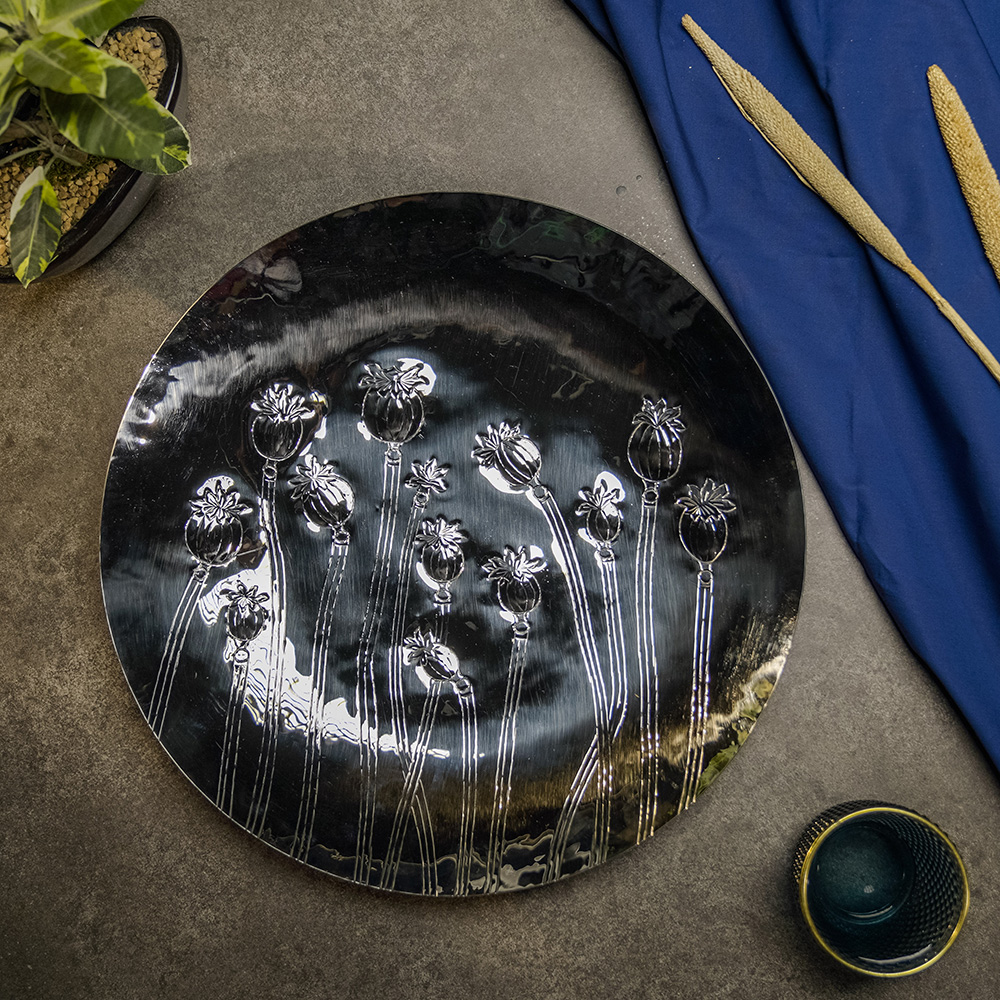 Stainless steel hand-beaten platter with Poppy Graphics